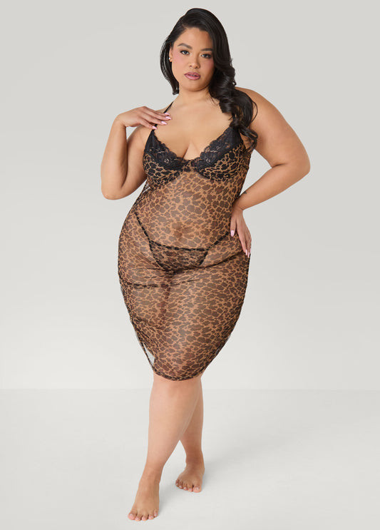 Ruched Animal Mesh Chemise Set