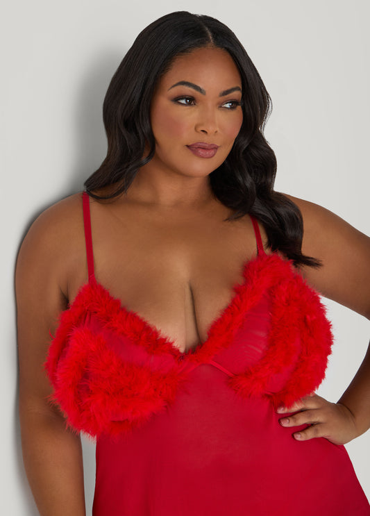 Faux Marabou Feather Babydoll Set
