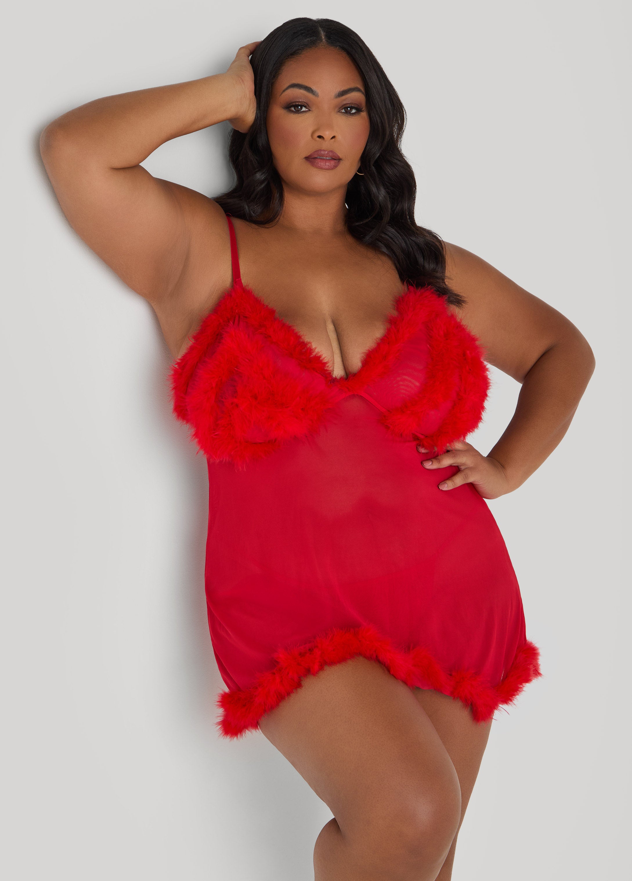 Plus Size Faux Marabou Feather Babydoll Set