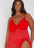 Feather Trimmed Mesh Gown Set