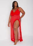 Feather Trimmed Mesh Gown Set