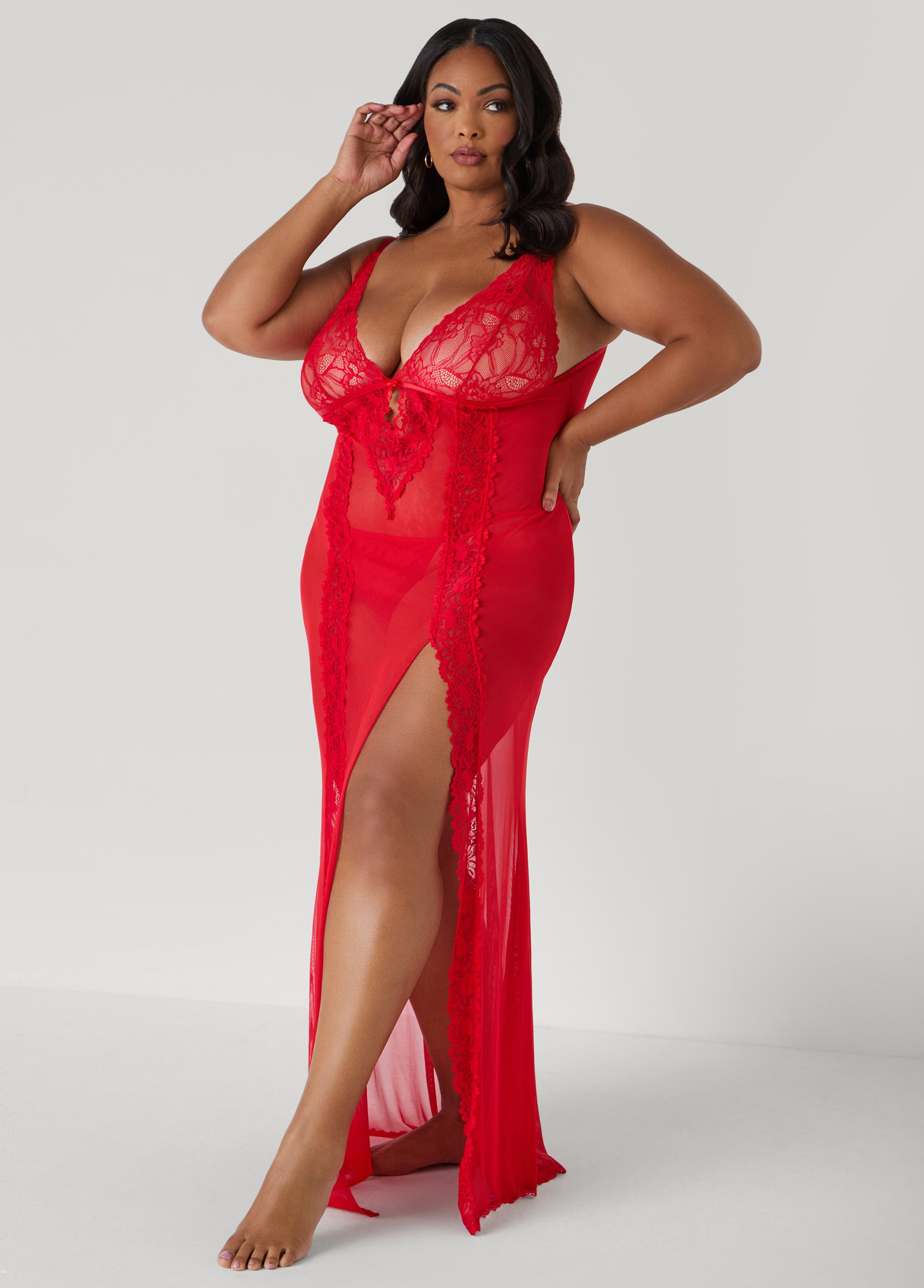 Plus Size Sexy Lingerie Red Sheer Mesh Lace Nightgown Thong Set	