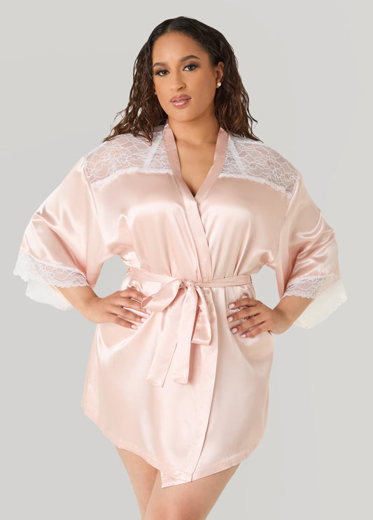 Plus Size Two Tone Lace Paneled Satin Robe