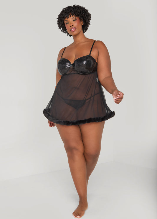 Faux Fur And Sequin Babydoll Set