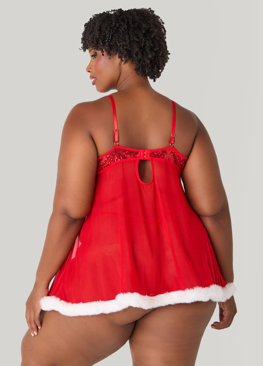 Sequin And Faux Fur Babydoll Set