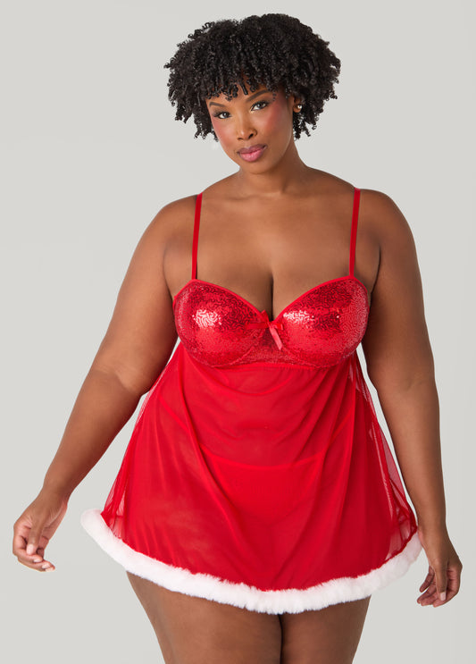 Plus Size Sequin And Faux Fur Babydoll Set
