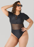 Paneled Zip Front Swimsuit