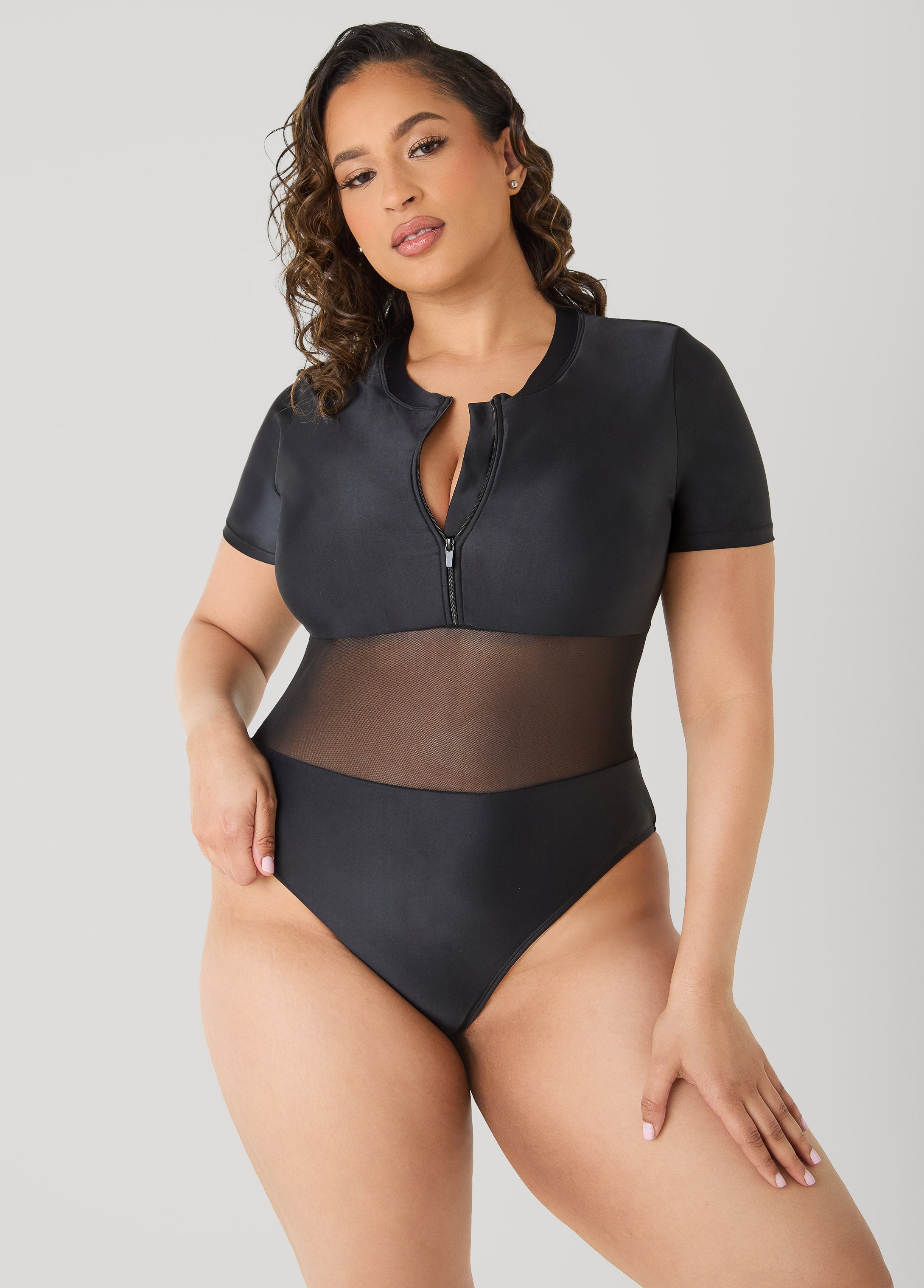 Paneled Zip Front Swimsuit
