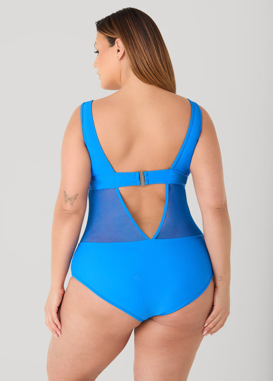 Mesh Paneled V Back Swimsuit