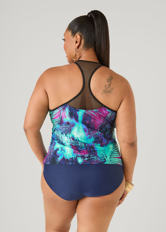 Zip Front Leaf Print Tankini Top