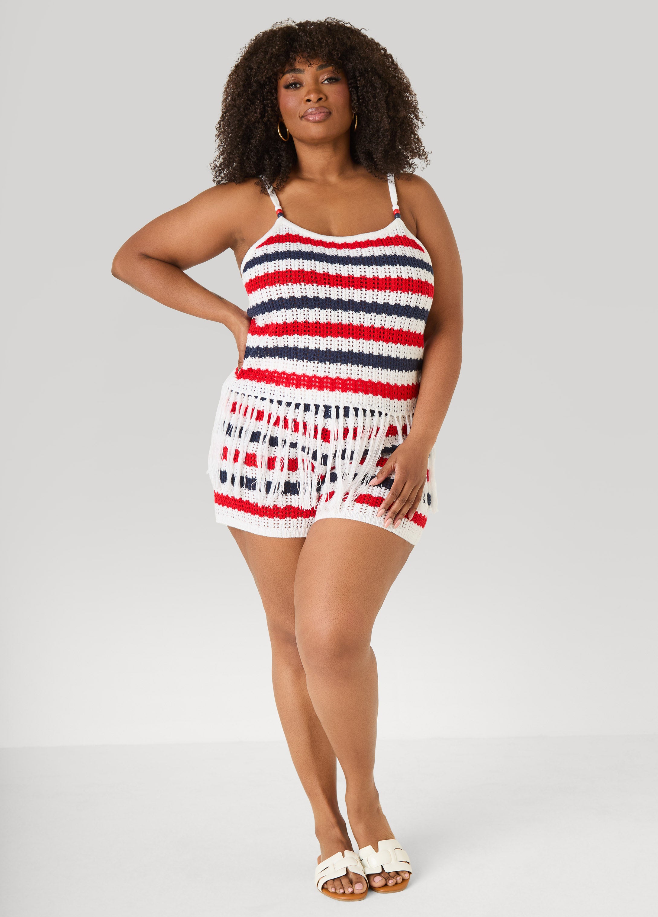 Striped Fringe Crochet Coverup Set