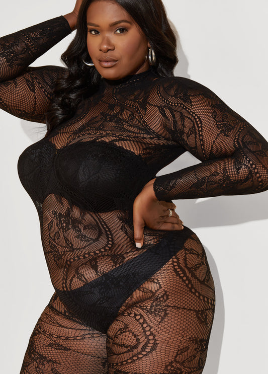 Plus Size Lace And Mesh Bodystocking