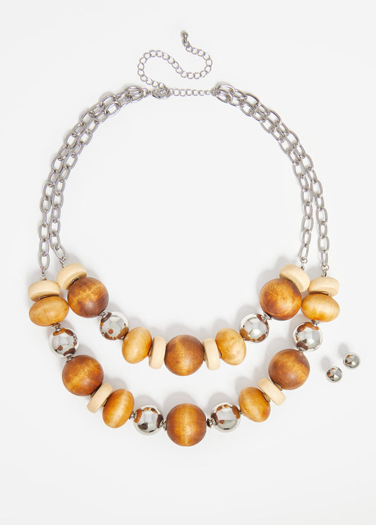 Layered Wood And Bead Necklace Set