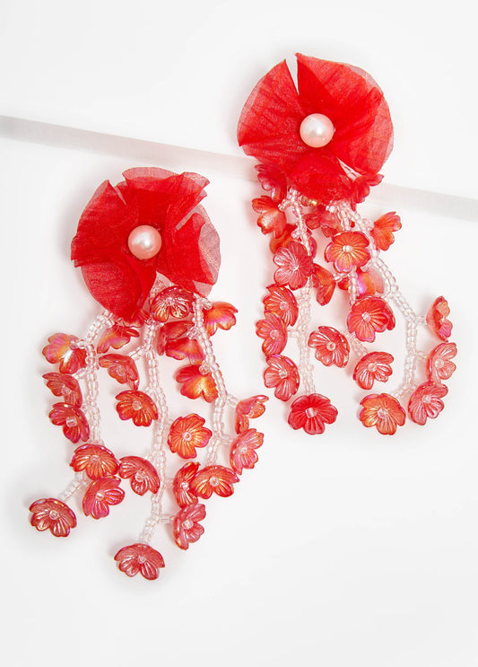 Faux Pearl And Bead Flower Earrings