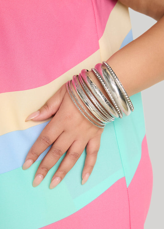 Set Of Nine Silver Tone Bangles