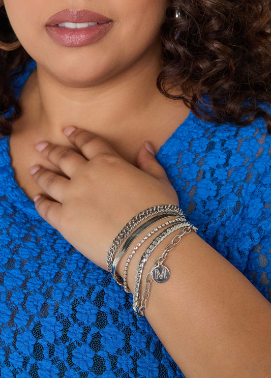 Set Of Five Silver Tone Bracelets