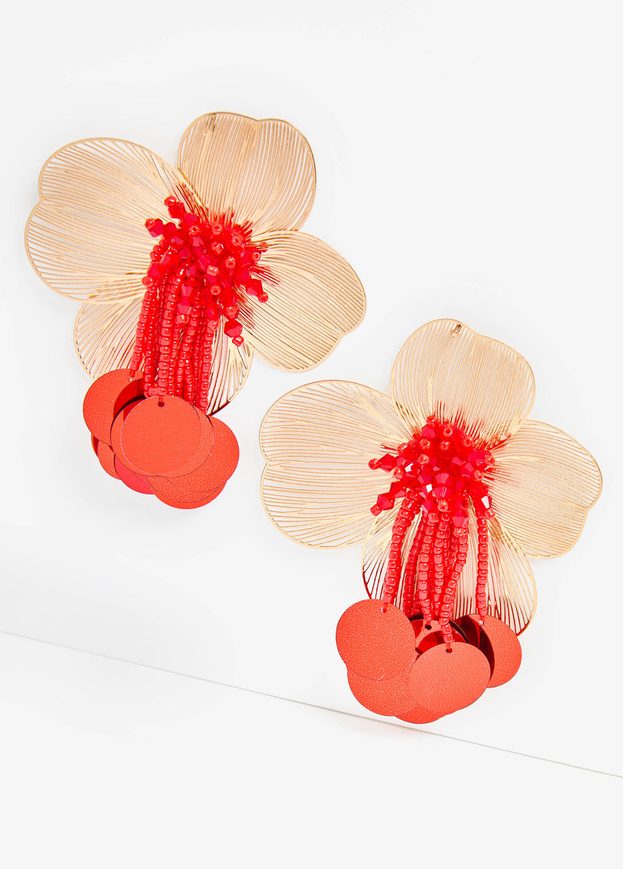 Statement Jewelry Red Gold Flower Beaded Earrings Fashion Jewelry
