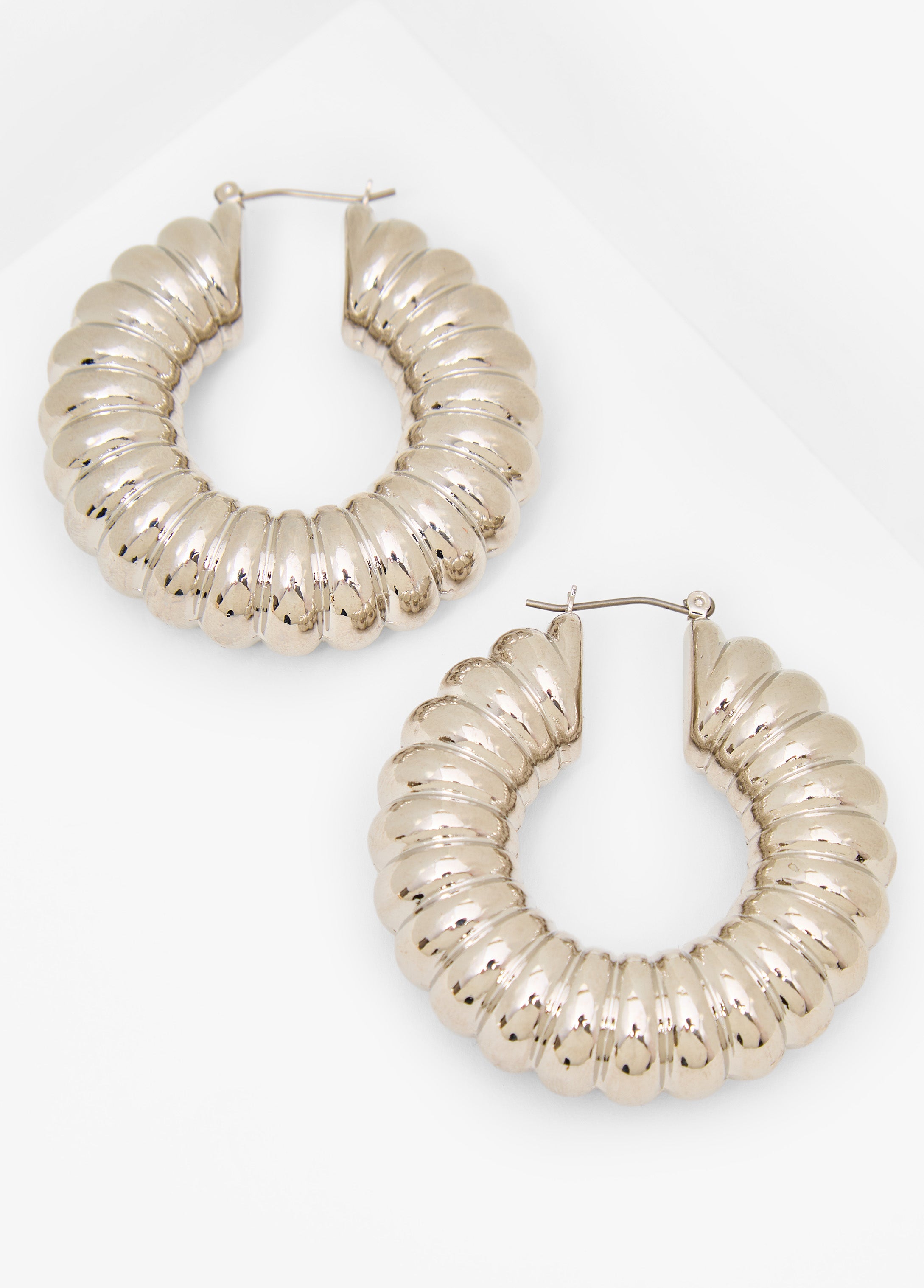 Ribbed Silver Tone Hoop Earrings