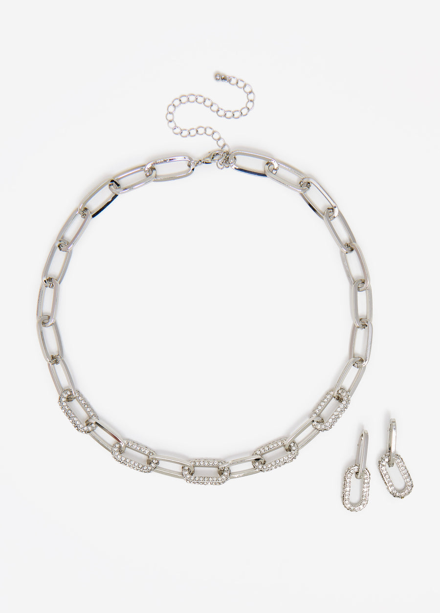 Crystal Silver Link Necklace Set