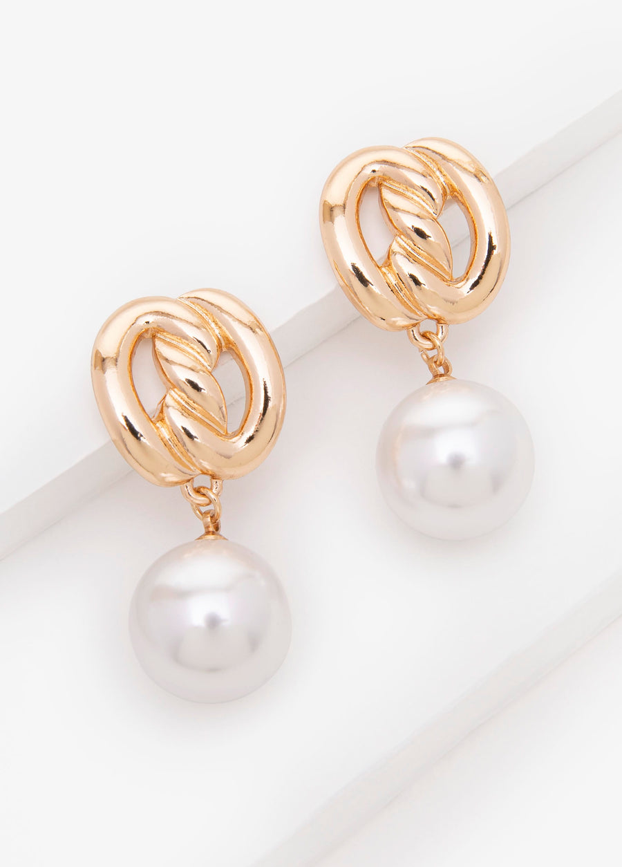 Trendy Statement Knotted Gold Pearl Drop Formal Earrings