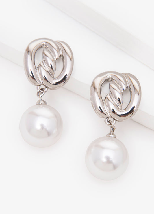 Trendy Statement Knotted Silver Pearl Drop Formal Earrings