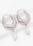 trendy texture silver huggie hoops pearl earrings hoop earrings