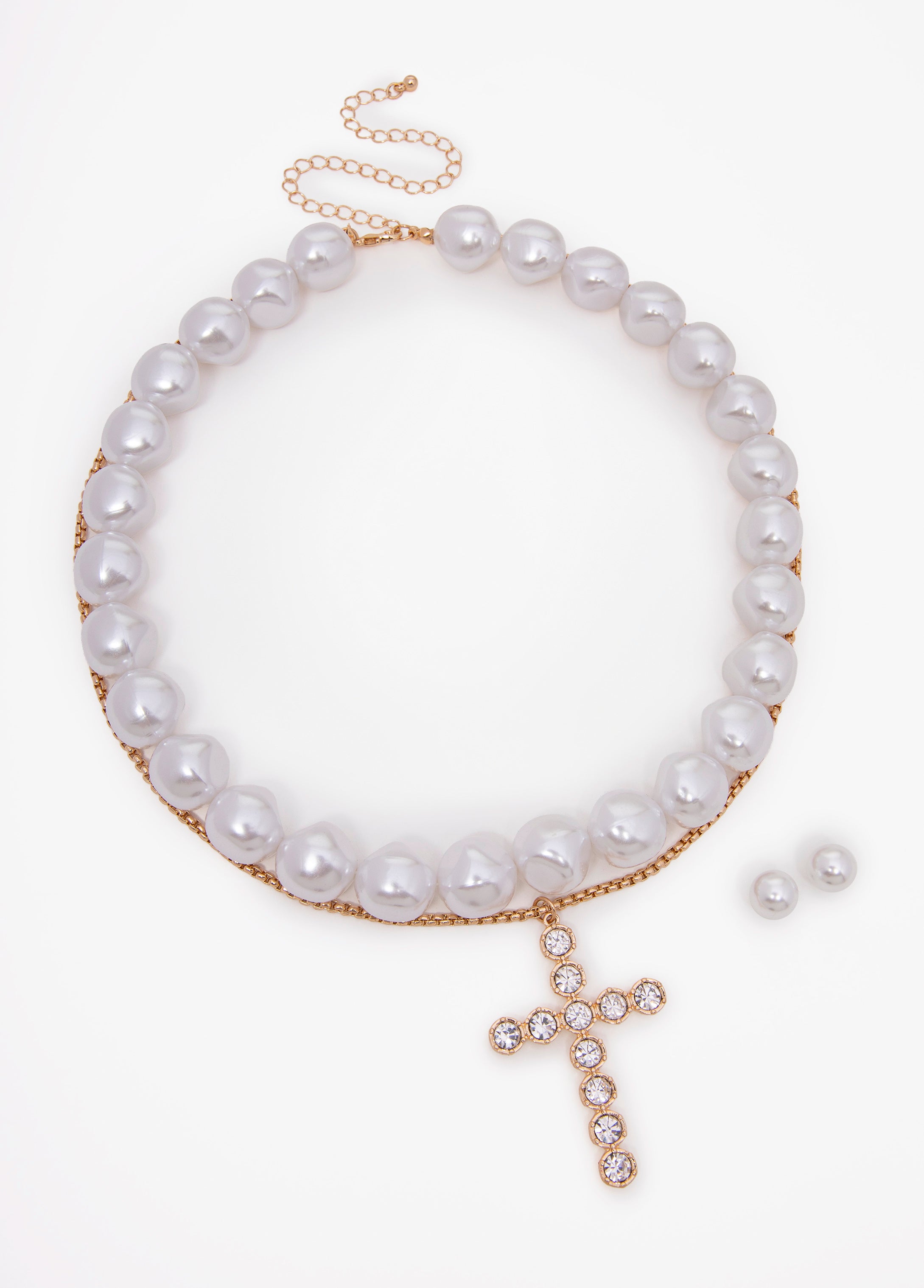 Statement cross pearls gold necklace earrings fashion jewelry set