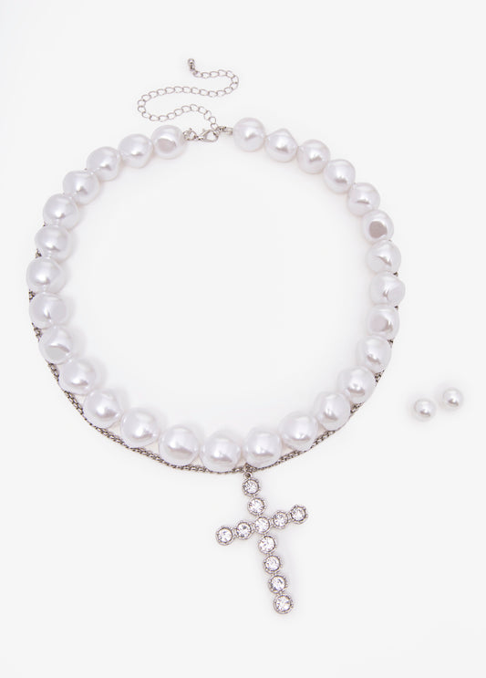 Statement cross pearls silver necklace earrings fashion jewelry set