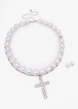 Statement cross pearls silver necklace earrings fashion jewelry set