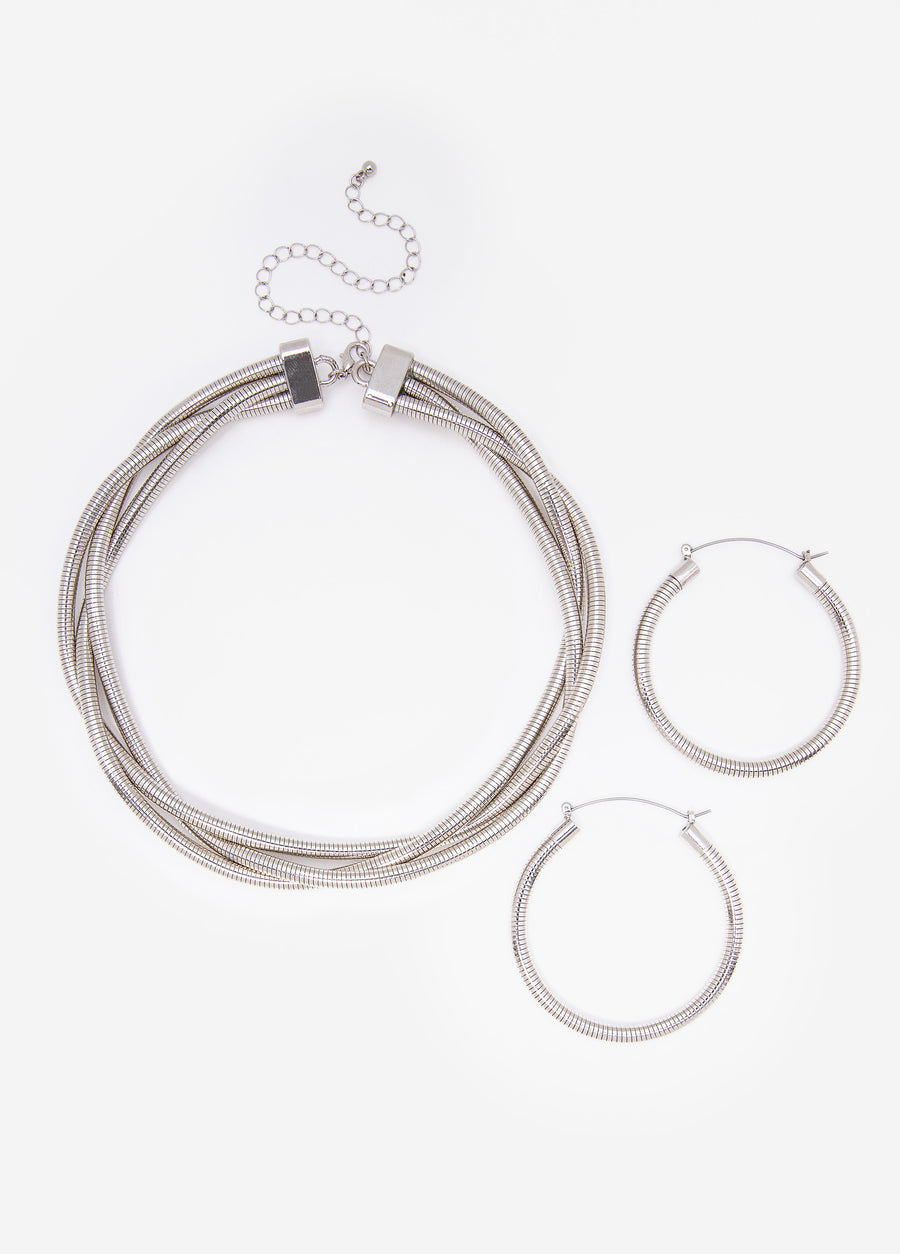 Twisted Silver Tone Necklace Set
