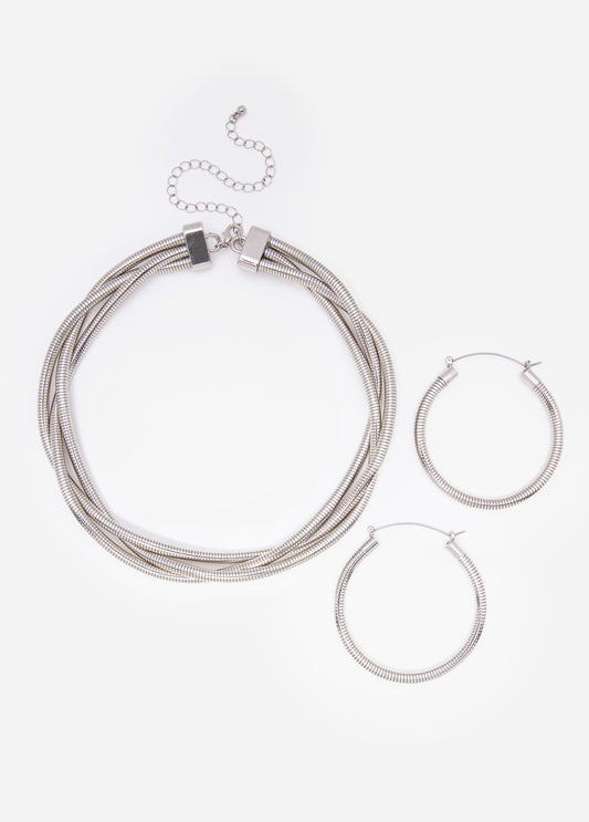 Twisted Silver Tone Necklace Set