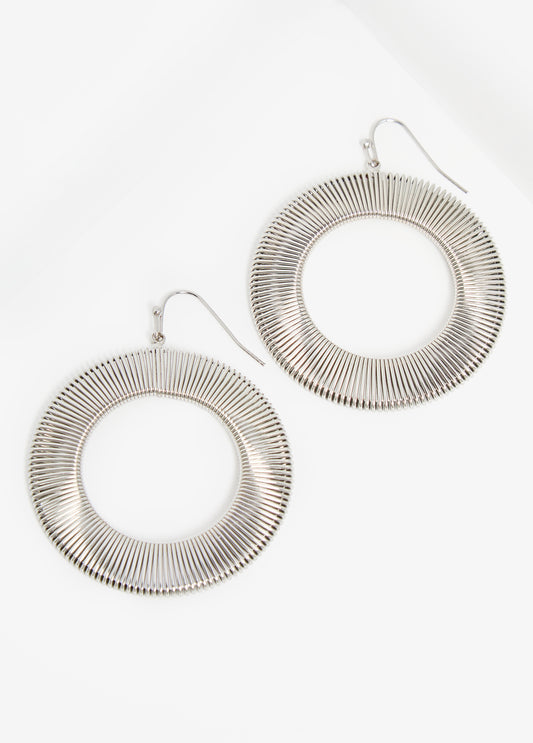 Ribbed Silver Tone Hoop Earrings