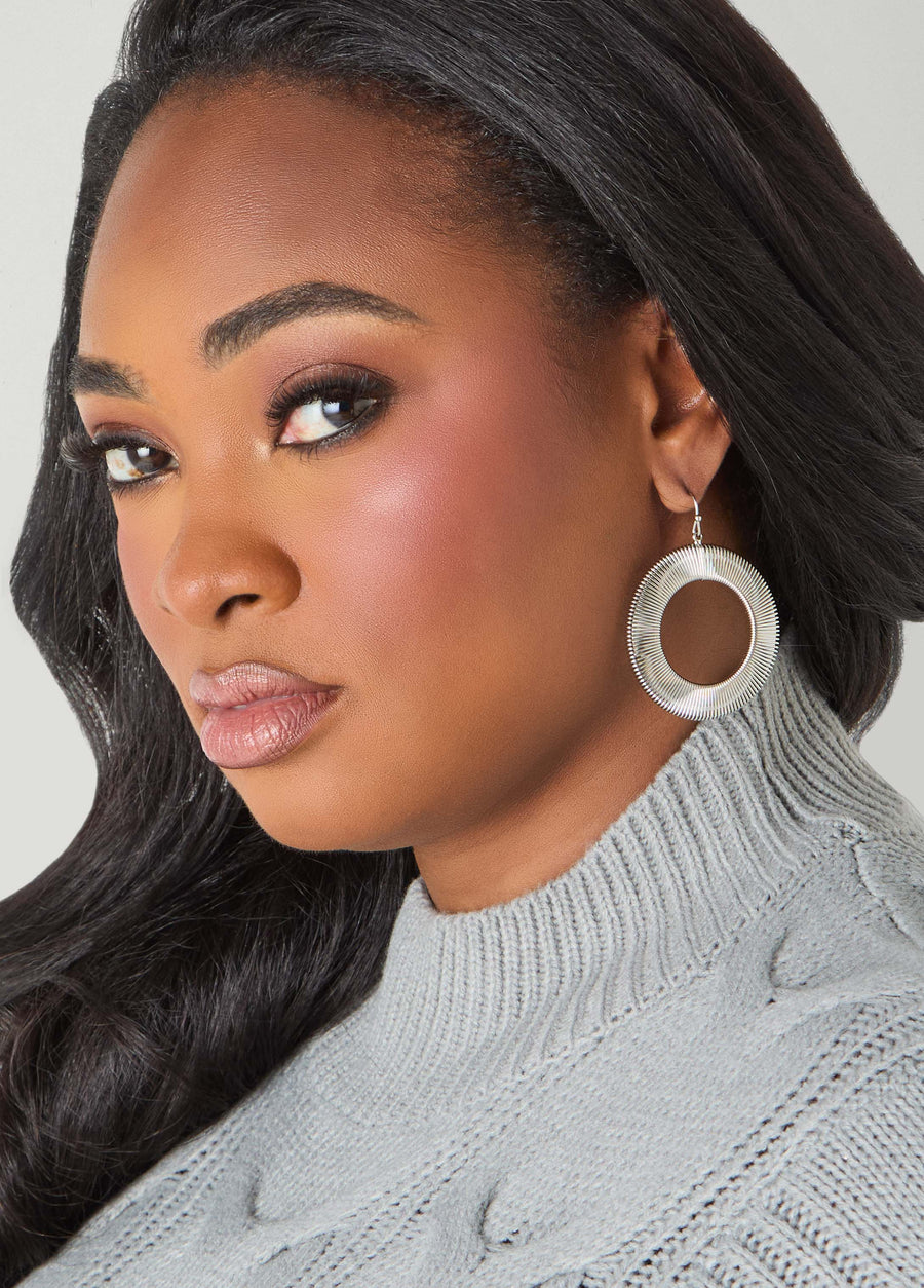 Ribbed Silver Tone Hoop Earrings