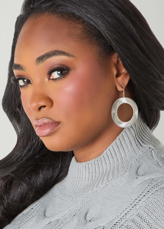 Ribbed Silver Tone Hoop Earrings