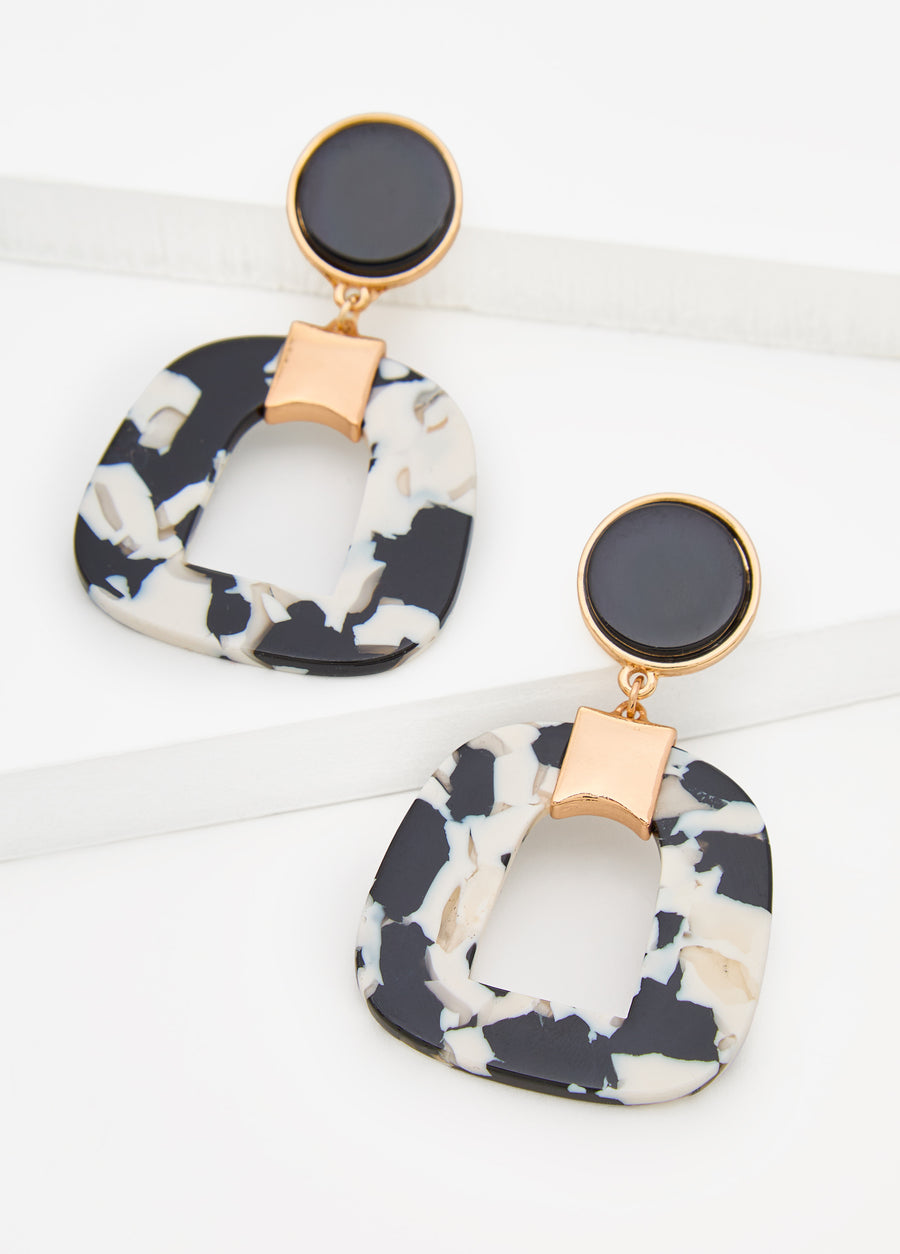Fashion Trendy Statement Black Marble Square Earrings