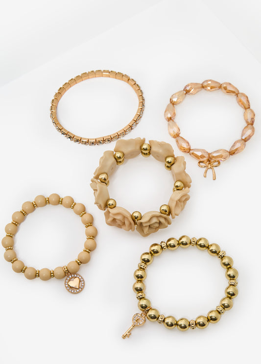 Trendy Flower Five Piece Silver Brown Bracelet Statement Jewelry 