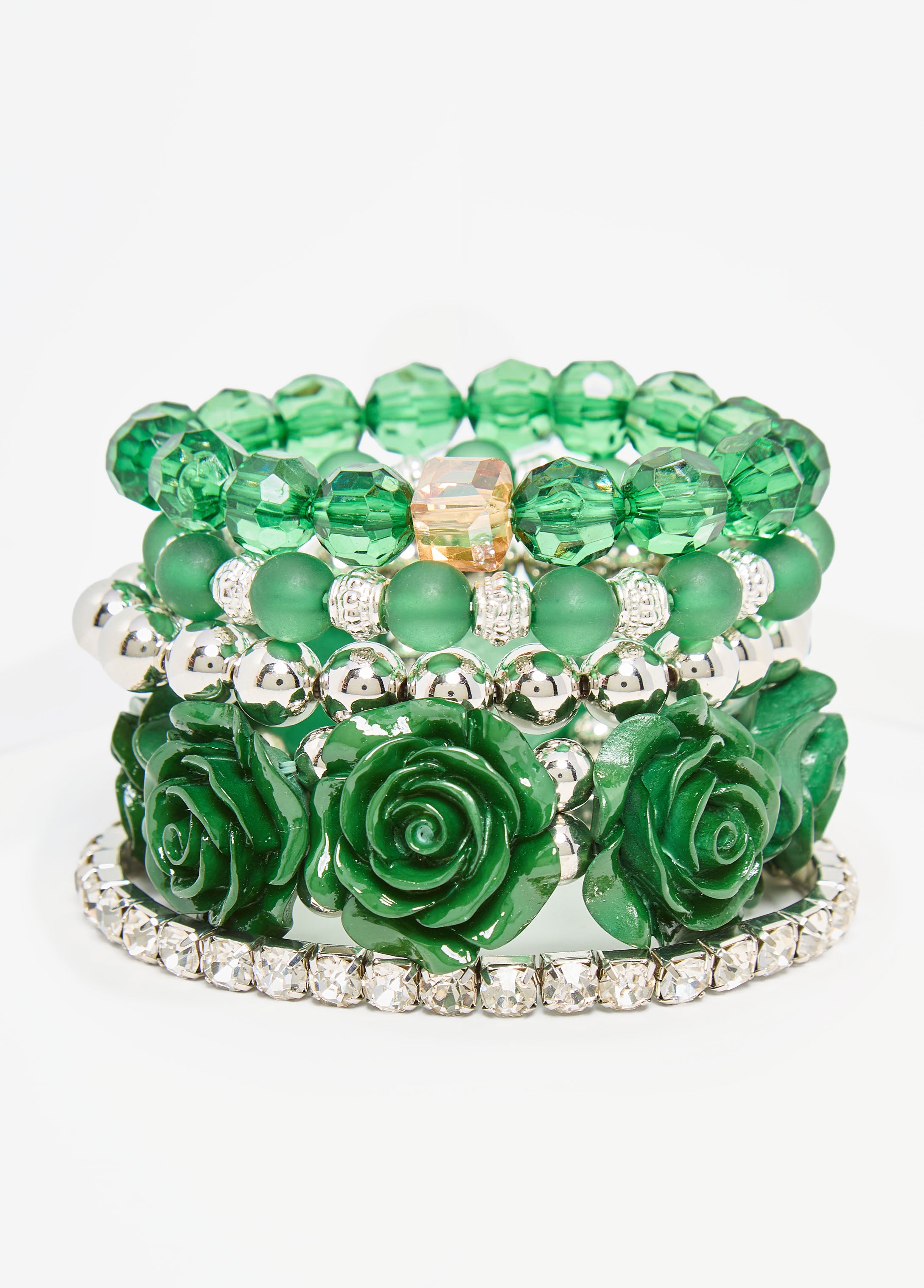 Trendy Flower Five Piece Silver Green Bracelet Statement Jewelry 