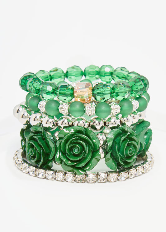 Trendy Flower Five Piece Silver Green Bracelet Statement Jewelry 