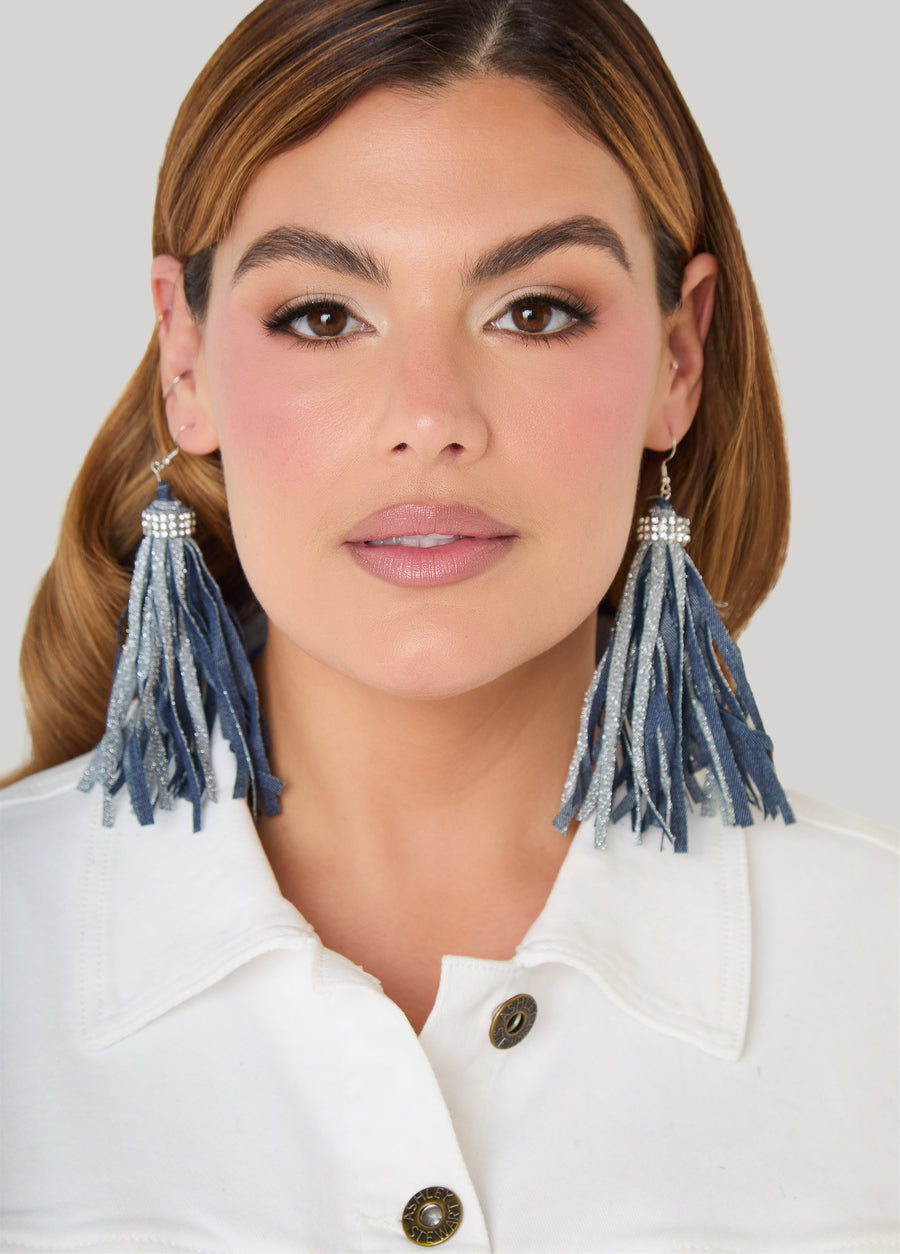Crystal Fringed Denim Earrings