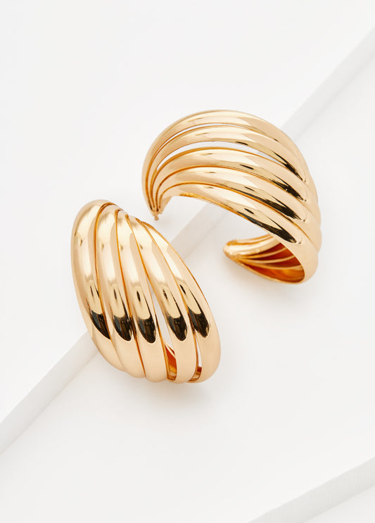 Ribbed Gold Tone Hoop Earrings