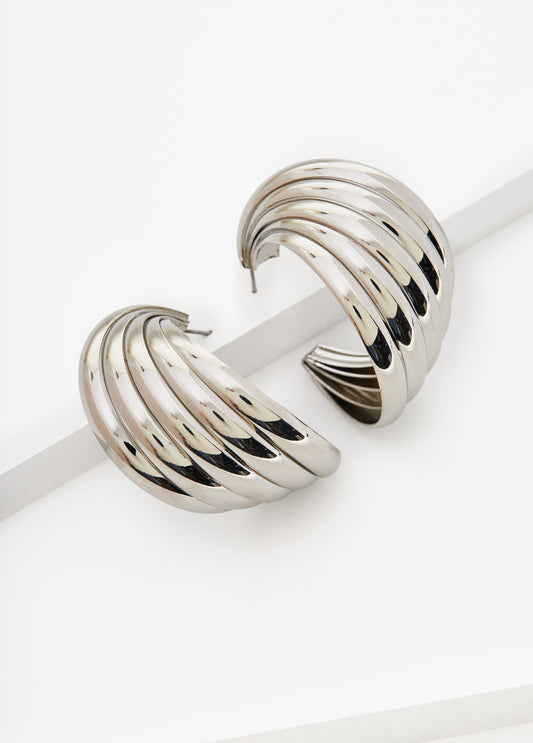Ribbed Silver Tone Hoop Earrings