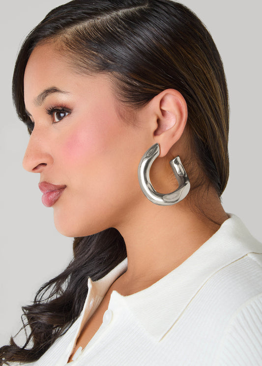 Puffed Silver Tone Hoop Earrings