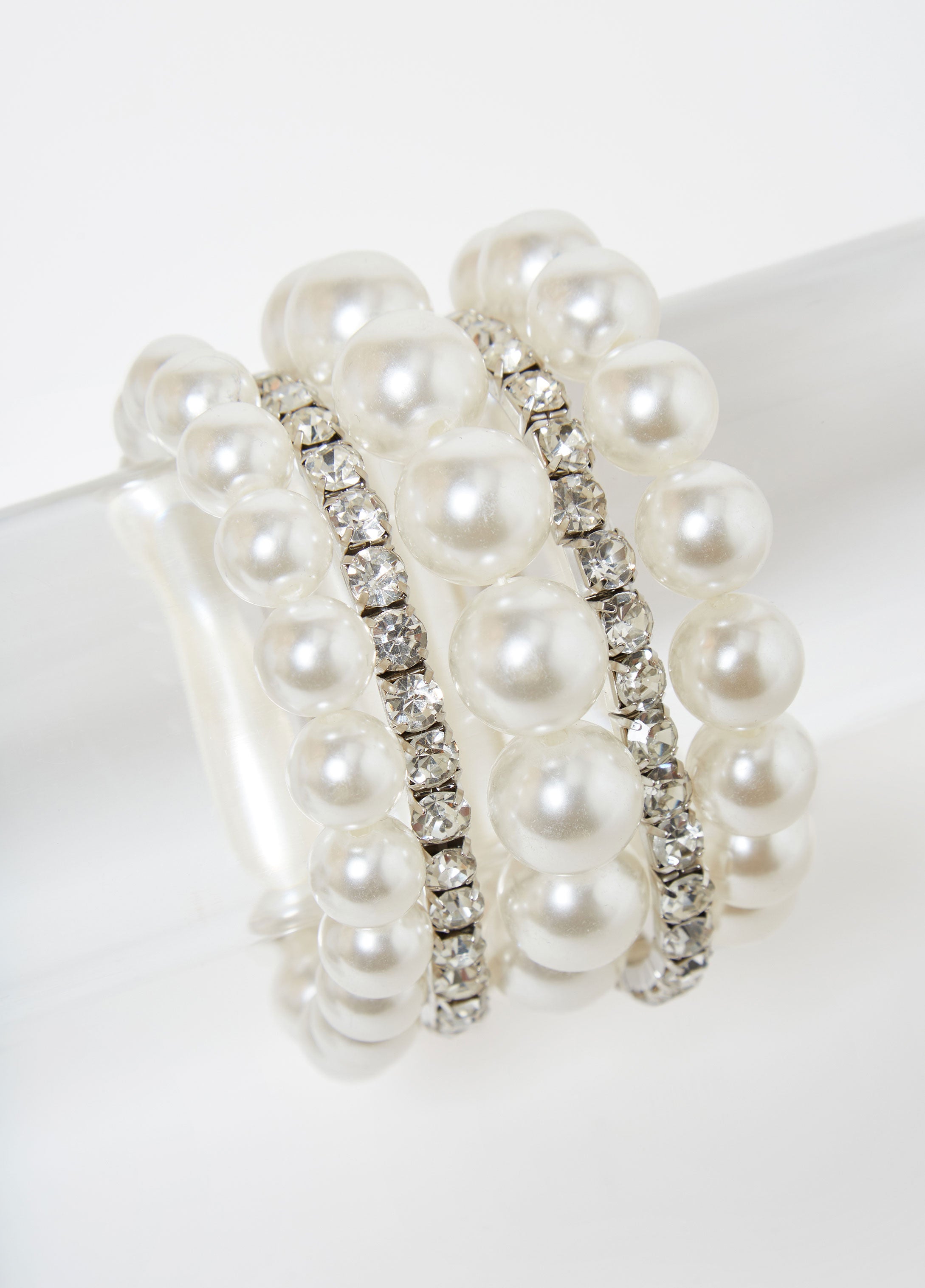 Trendy Pearls Silver Five Piece Bracelet Statement Jewelry