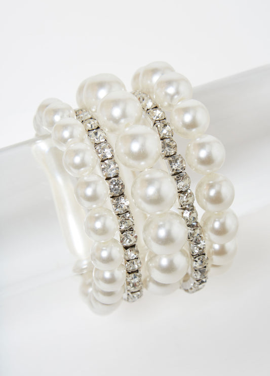 Trendy Pearls Silver Five Piece Bracelet Statement Jewelry