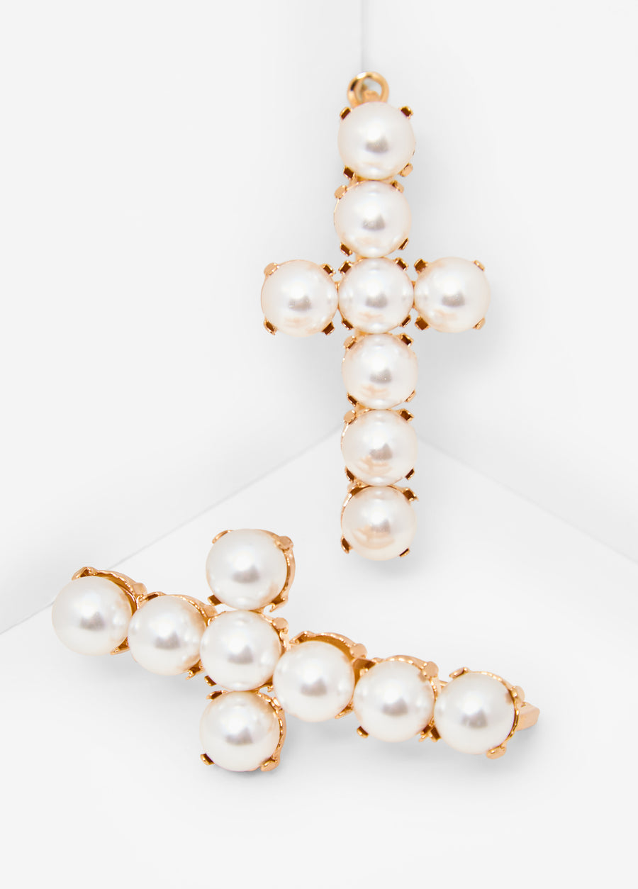 Faux Pearl Cross Earrings