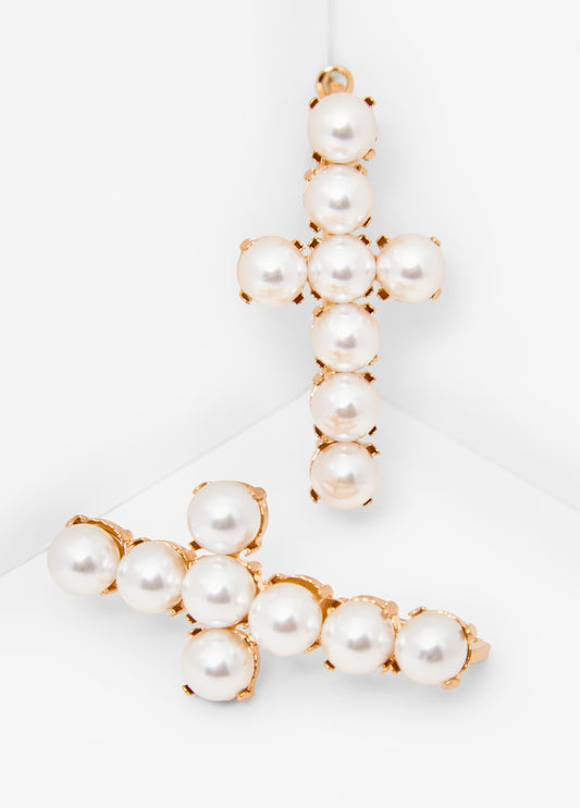 Faux Pearl Cross Earrings