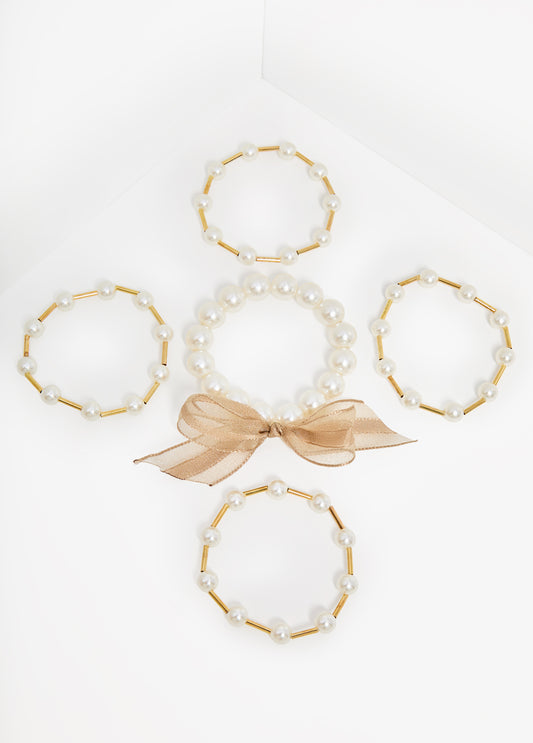 Trendy Pearls Five Piece Gold Bracelet Statement Jewelry Accessories