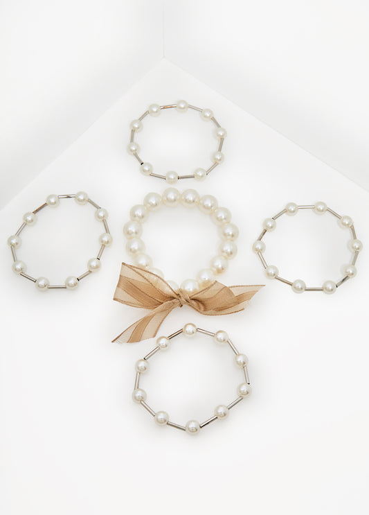 Trendy Pearls Five Piece Silver Bracelet Statement Jewelry Accessories
