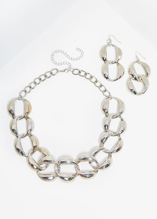 Trendy silver twisted chain link necklace earrings fashion jewelry set 