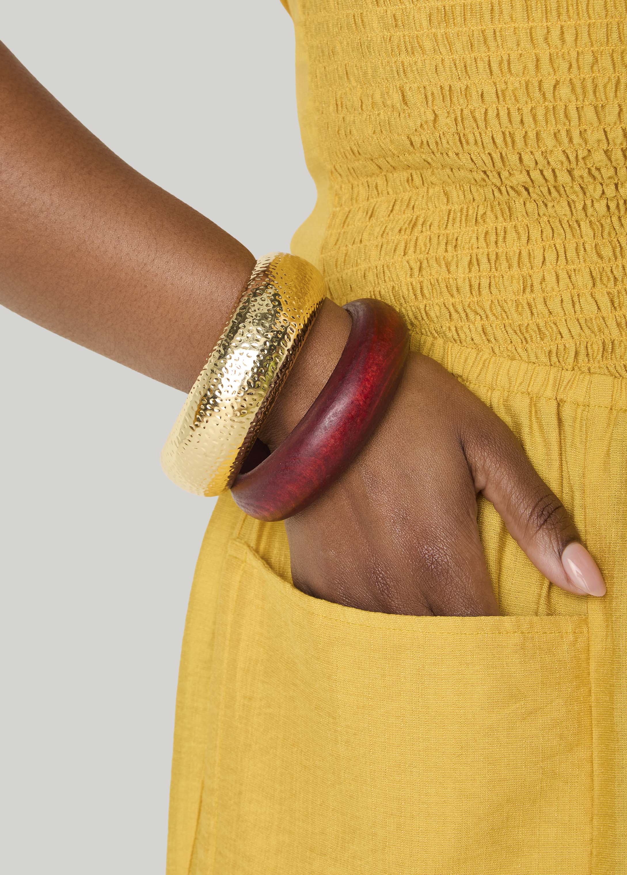 Hammered Gold And Wood Bangle Set
